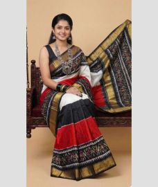 white and black colour pochampally ikkat pure silk sarees with All over design