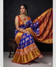 gold and blue colour pochampally ikkat pure silk sarees with All over design
