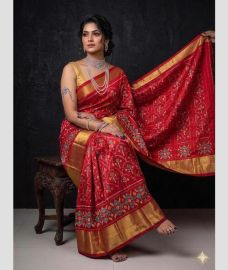magenta red colour pochampally ikkat pure silk sarees with All over design