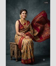 magenta red and brown colour pochampally ikkat pure silk sarees with All over design