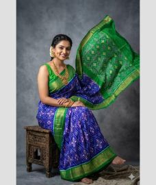 blue and green colour pochampally ikkat pure silk sarees with All over design