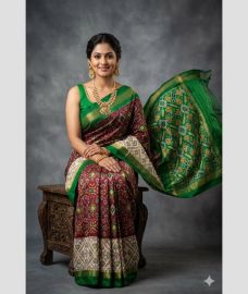 green and coffee colour pochampally ikkat pure silk sarees with All over design