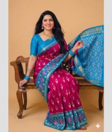 magenta red colour pochampally ikkat pure silk sarees with All over design