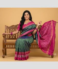 dark green colour pochampally ikkat pure silk sarees with All over design
