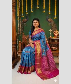 blue colour pochampally ikkat pure silk sarees with All over design