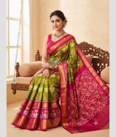 olive green colour pochampally ikkat pure silk sarees with All over design