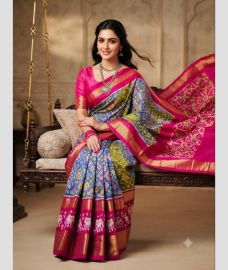 magenta and blue colour pochampally ikkat pure silk sarees with All over design