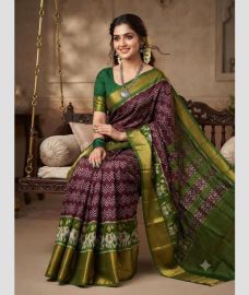 purple and olive green colour pochampally ikkat pure silk sarees with All over design