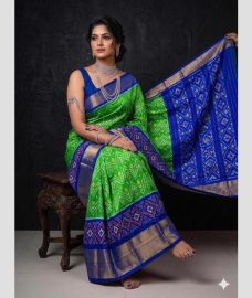 green and navy blue colour pochampally ikkat pure silk sarees with All over design
