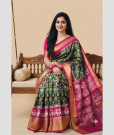 green and magenta colour pochampally ikkat pure silk sarees with All over design