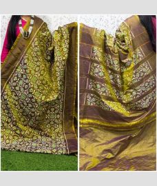 mustard yellow and grey colour pochampally ikkat pure silk sarees with All over design