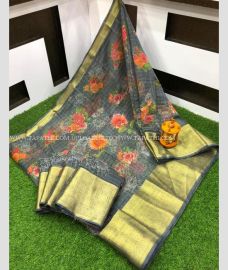 Mehndi Green with Orange  Border color Tripura Silk handloom saree with allover contrast thread weaving single lined checks with zari khaddi border design