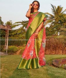 Pink with Zari Border color linen sarees handloom saree with digital printing silver border sarees design