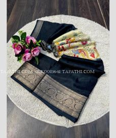 Black and Cream silk sarees with Kalamkari design - SILK0019641