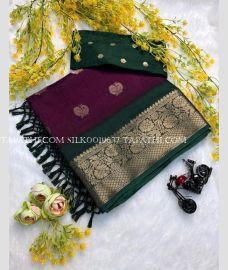Maroon and Dark Green silk sarees with Jacquard Border design - SILK0019637