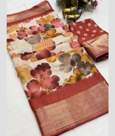 Cream and Chestnut silk sarees with All over Floral Printed design