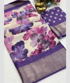 Cream and Purple silk sarees with All over Floral Printed design