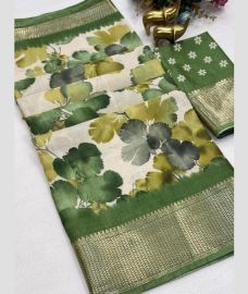 Cream and Green silk sarees with All over Floral Printed design