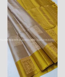 Cream and Yellow soft silk kanchipuram sarees with All over Checks and Buttas design - KASS0003576