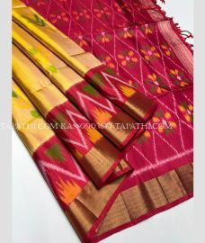 Yellow and Crimson soft silk kanchipuram sarees with all over pochampally  design - KASS0003677