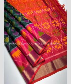 Forest Fall Green and Pink soft silk kanchipuram sarees with all over pochampally  design - KASS0003680
