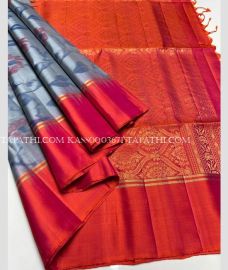Grey and Red soft silk kanchipuram sarees with all over pochampally  design - KASS0003671