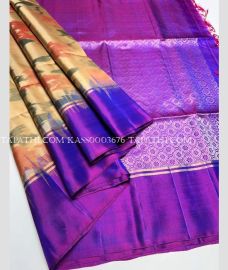 Cream and Purple soft silk kanchipuram sarees with all over pochampally  design - KASS0003676