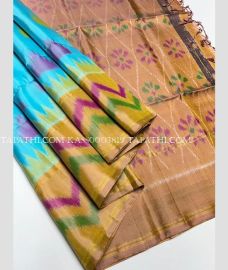 Sky blue and Brown soft silk kanchipuram sarees with all over pochampally design - KASS0003819