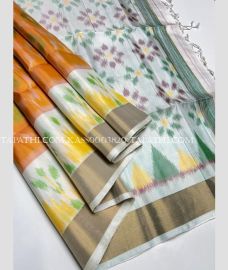 Orange and Half White soft silk kanchipuram sarees with all over pochampally design - KASS0003820