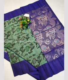 Green and Royal Blue soft silk kanchipuram sarees with pochampally border design - KASS0003751