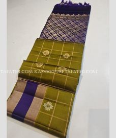 Leafy Green and Purple  soft silk kanchipuram sarees with All over Checks and Buttas design - KASS0003781