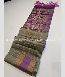 Fern Green and Dull Purple soft silk kanchipuram sarees with All over Checks and Buttas design - KASS0003784