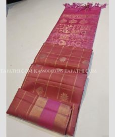 Copper Red and Pink soft silk kanchipuram sarees with All over Checks and Buttas design - KASS0003785