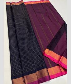 Dark Navy Blue and Magenta soft silk kanchipuram sarees with All over Checks design