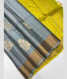 Grey and Mustard Yellow soft silk kanchipuram sarees with Kaddy Border design