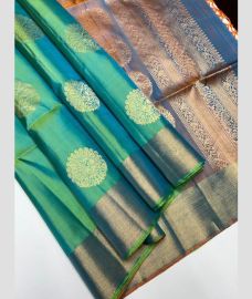 Turquoise and Grey soft silk kanchipuram sarees with Kaddy Border design