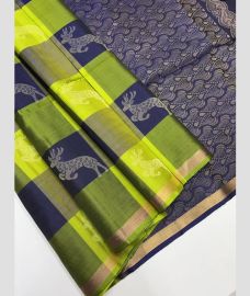 Emerald Green and Dark Grey soft silk kanchipuram sarees with All over Checks design