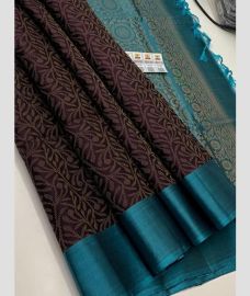 Chocolate and Teal soft silk kanchipuram sarees with All over Jari design