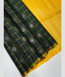 Forest Fall Green and Yellow soft silk kanchipuram sarees with All over Checks and Buttas design