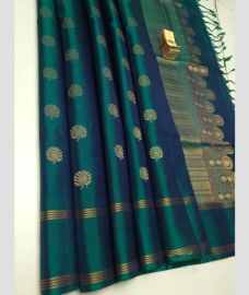 Greenish Blue and Golden soft silk kanchipuram sarees with All over Buttas design