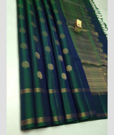 Dqrk Green and Golden soft silk kanchipuram sarees with All over Buttas design