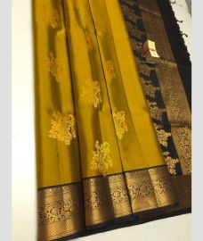 Golden Yellow and Black soft silk kanchipuram sarees with All over Buttas design