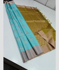 Lite Turquoise and Lite Green soft silk kanchipuram sarees with All over Buttas design