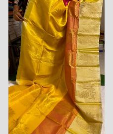 Yellow and Orange soft silk kanchipuram sarees with All over Buttas design