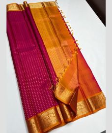 Deep Pink and Orange soft silk kanchipuram sarees with All over Buttas design
