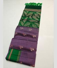 purple and green colour soft silk kanchipuram sarees with All over Buttas design