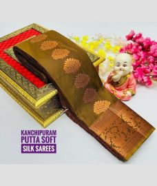 olive green colour soft silk kanchipuram sarees with All over Buttas design