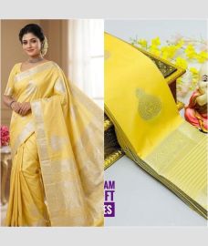 yellow colour soft silk kanchipuram sarees with All over Buttas design