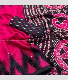 Pink saree with Black Blouse color linen handloom saree with Jute Linen Pomchay Ikkat style Printed sarees with Jute Ikkat style oriented blouse design