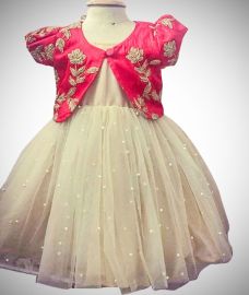 Simple pearl work long frock with over coat